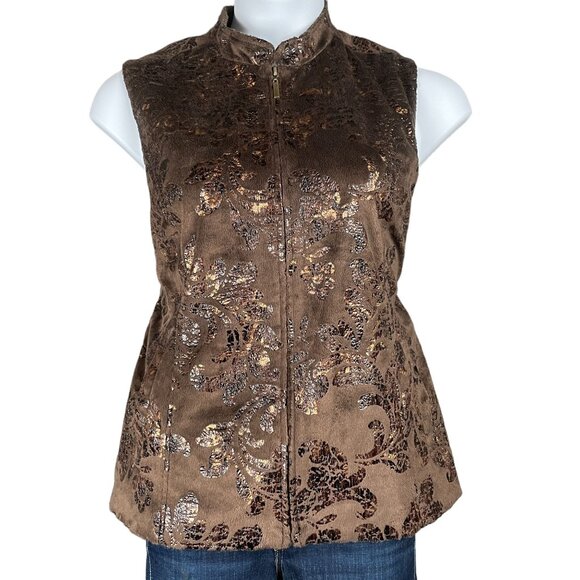 Erin London Vest L Brown Velvet Full Zip Metallic Warm Pockets Cozy Office Work - Picture 1 of 13